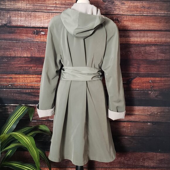 American Bazaar Vintage Coat Jacket L Long Hooded Belted Olive Green Pockets - Picture 5 of 13